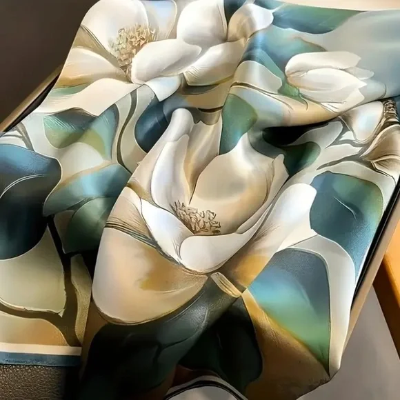 Elegant Multicolor Scarf w/ Large Magnolia Tree Flowers - Picture 4 of 13